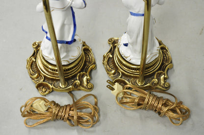 Vintage Chinoiserie Small Figural Porcelain Blue White Oriental Table Lamp Pair