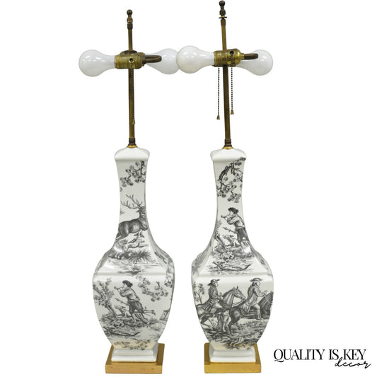 Porcelaine de Paris French Country Toile Porcelain Jardinierie Table Lamps Pair