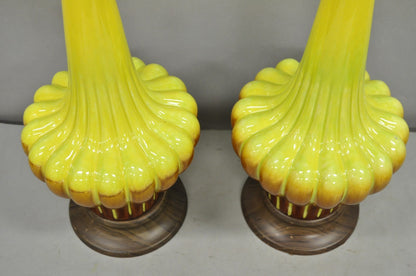 Vintage Mid Century Modern Yellow Brown Sculpted Ceramic Pottery Table Lamp Pair