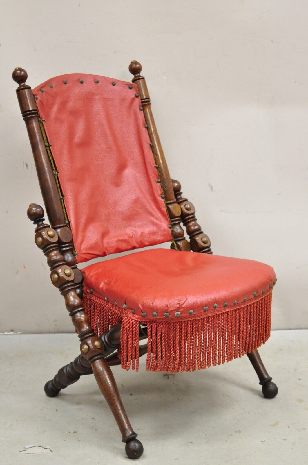 Antique Victorian Carved Walnut Folding Campaign Chair attr. George Hunzinger