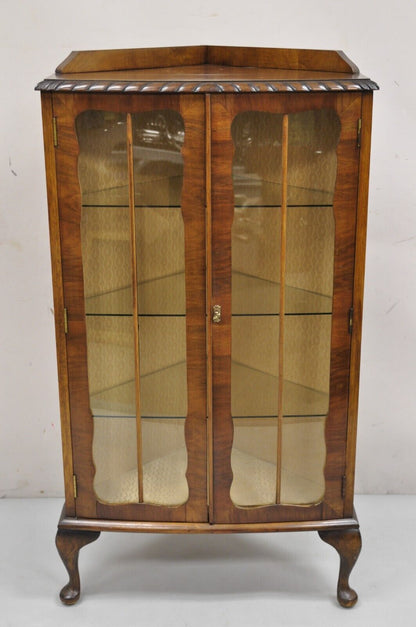 Antique German Art Deco Burl Walnut 2 Door Small Corner Curio Display Cabinet