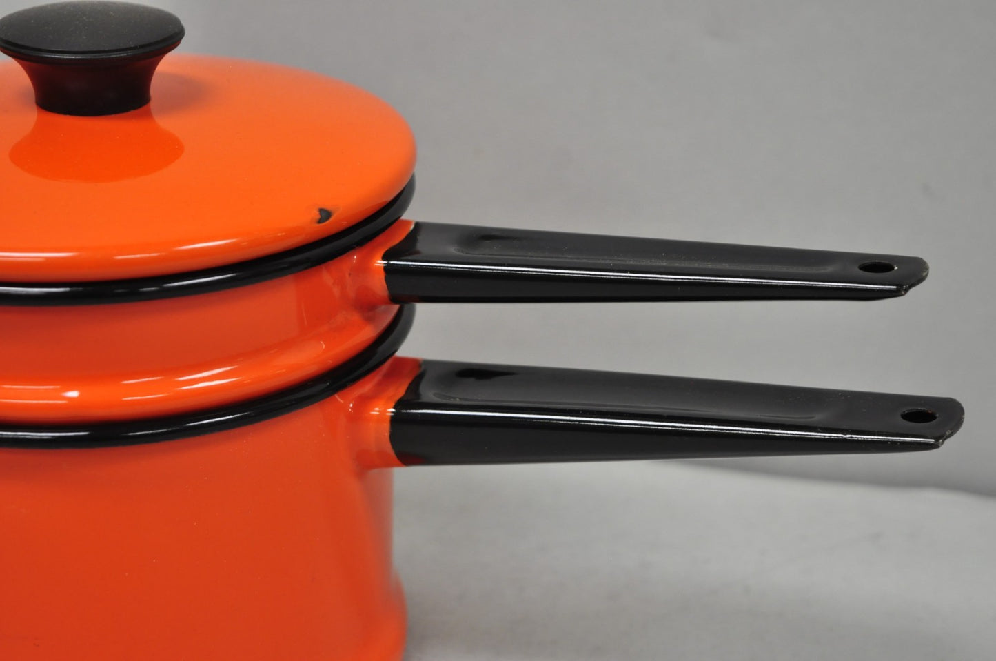 Vintage Enamel Orange & Black Metal Double Boiler Nesting Pot w/ Lid