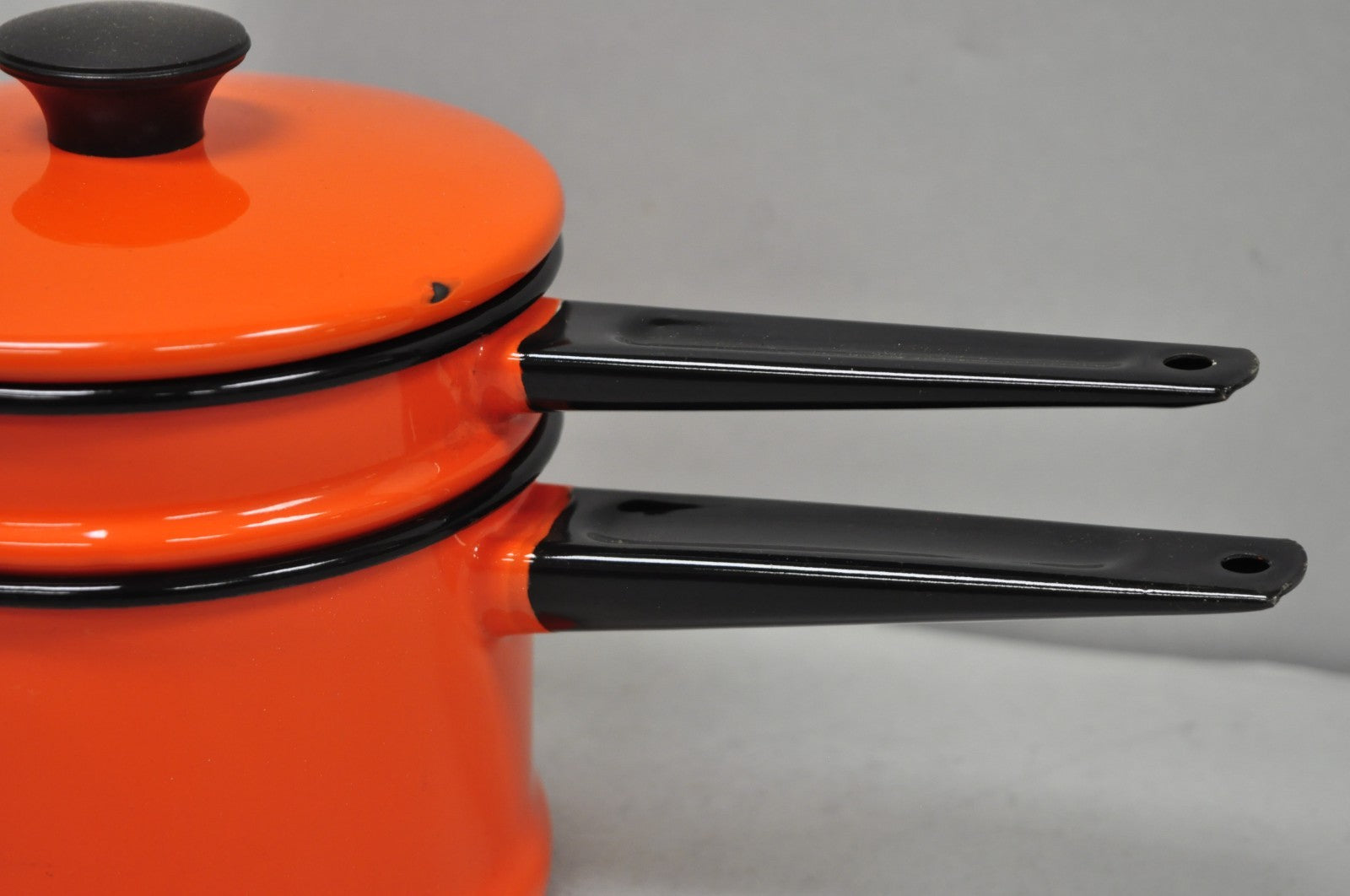 Vintage Enamel Orange & Black Metal Double Boiler Nesting Pot w/ Lid