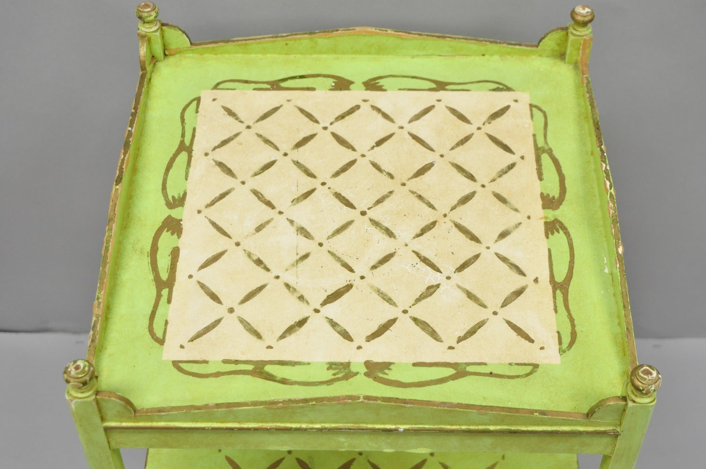 Vintage Italian Venetian Green Distress Painted 3 Tier French Country Side Table