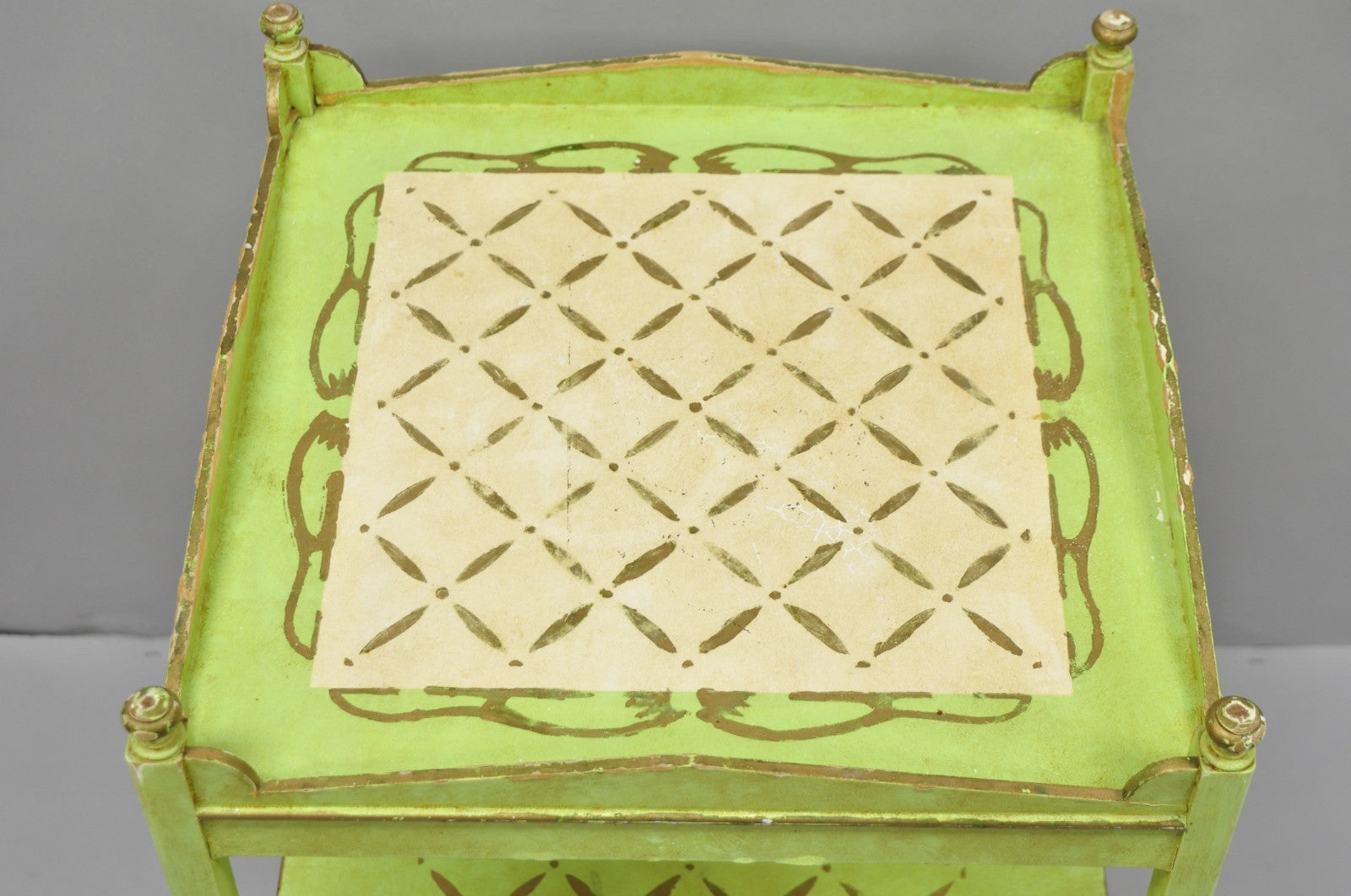 Vintage Italian Venetian Green Distress Painted 3 Tier French Country Side Table