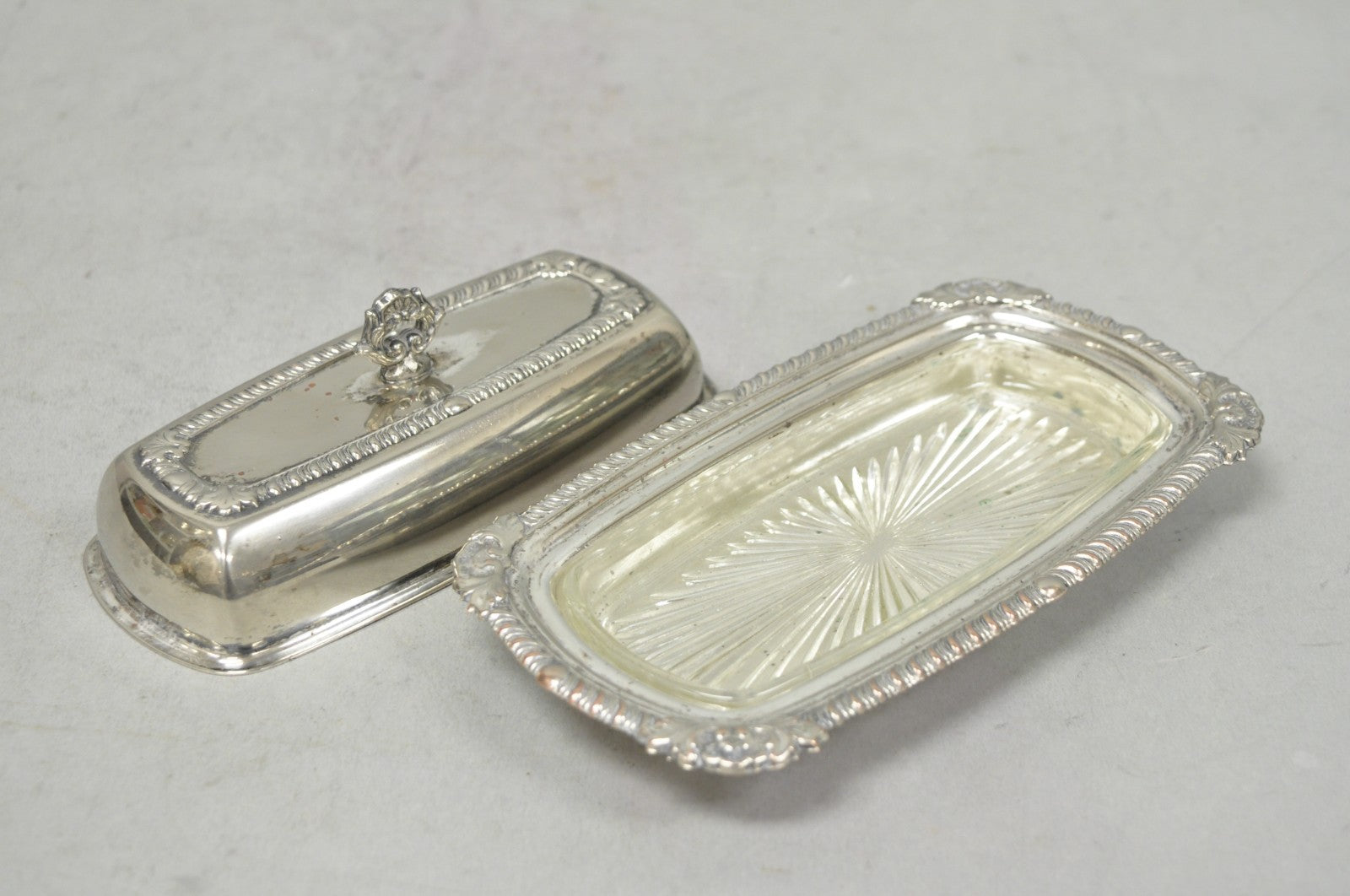 Vintage Victorian Silver Plated Repousse Covered Butter Dish w/ Glass Liner
