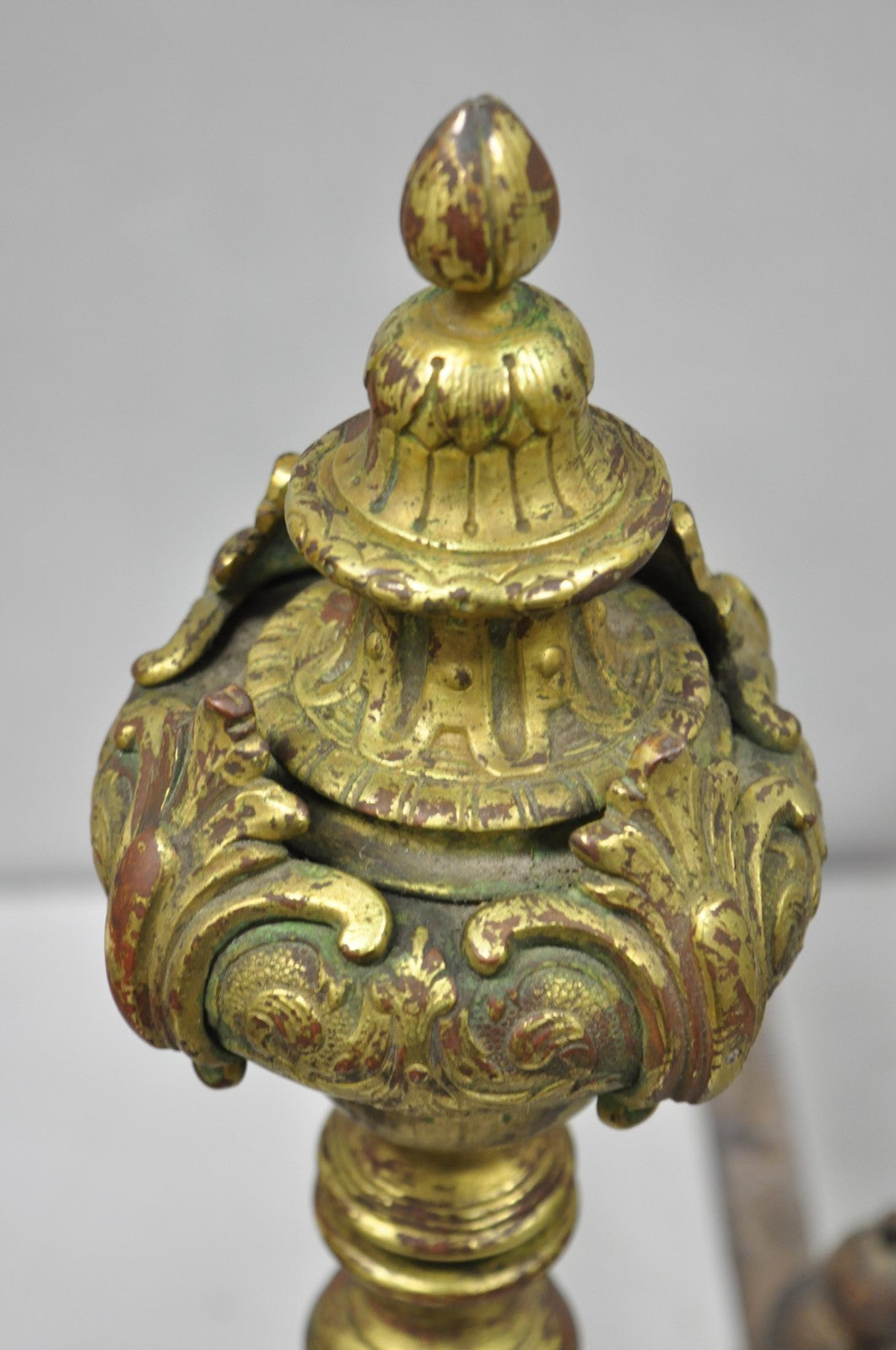 Antique French Baroque Louis XV Style Bronze Brass Andirons with Patina - a Pair