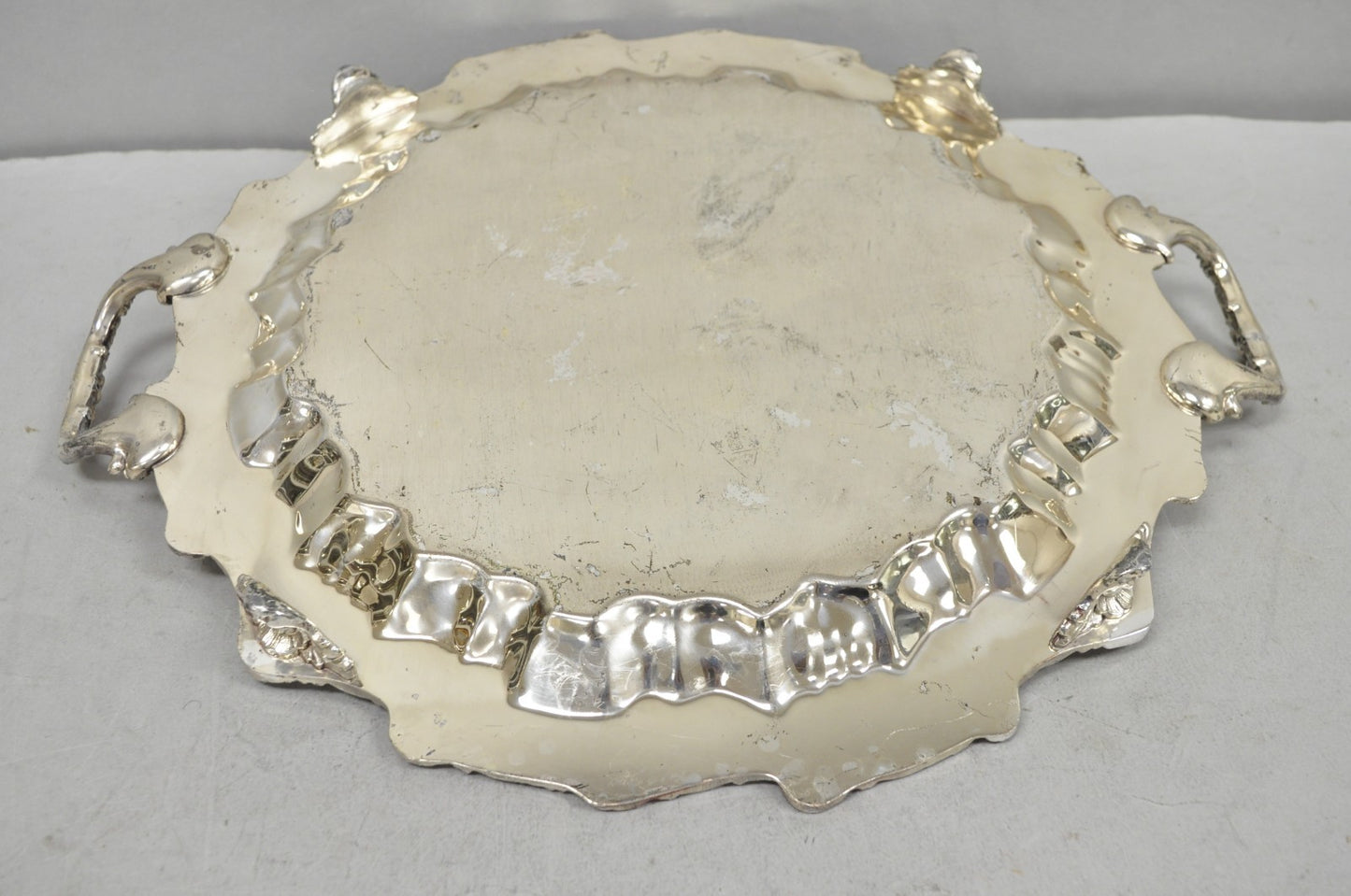 Vintage Victorian Silver Plated Round Scalloped Twin Handle Bar Serving Tray