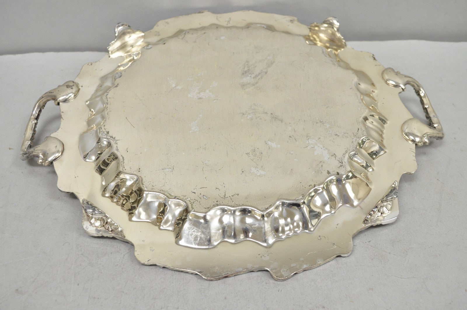 Vintage Victorian Silver Plated Round Scalloped Twin Handle Bar Serving Tray