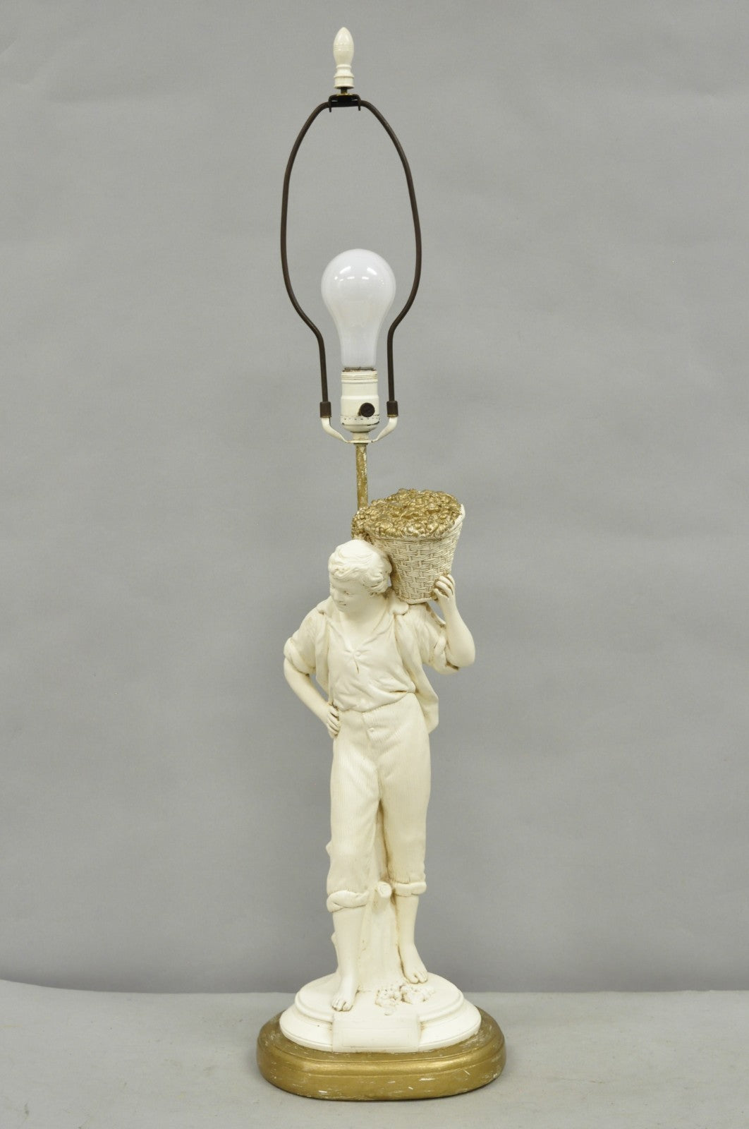 Vintage French Style White Painted Metal Figural Boy w Flower Basket Table Lamp
