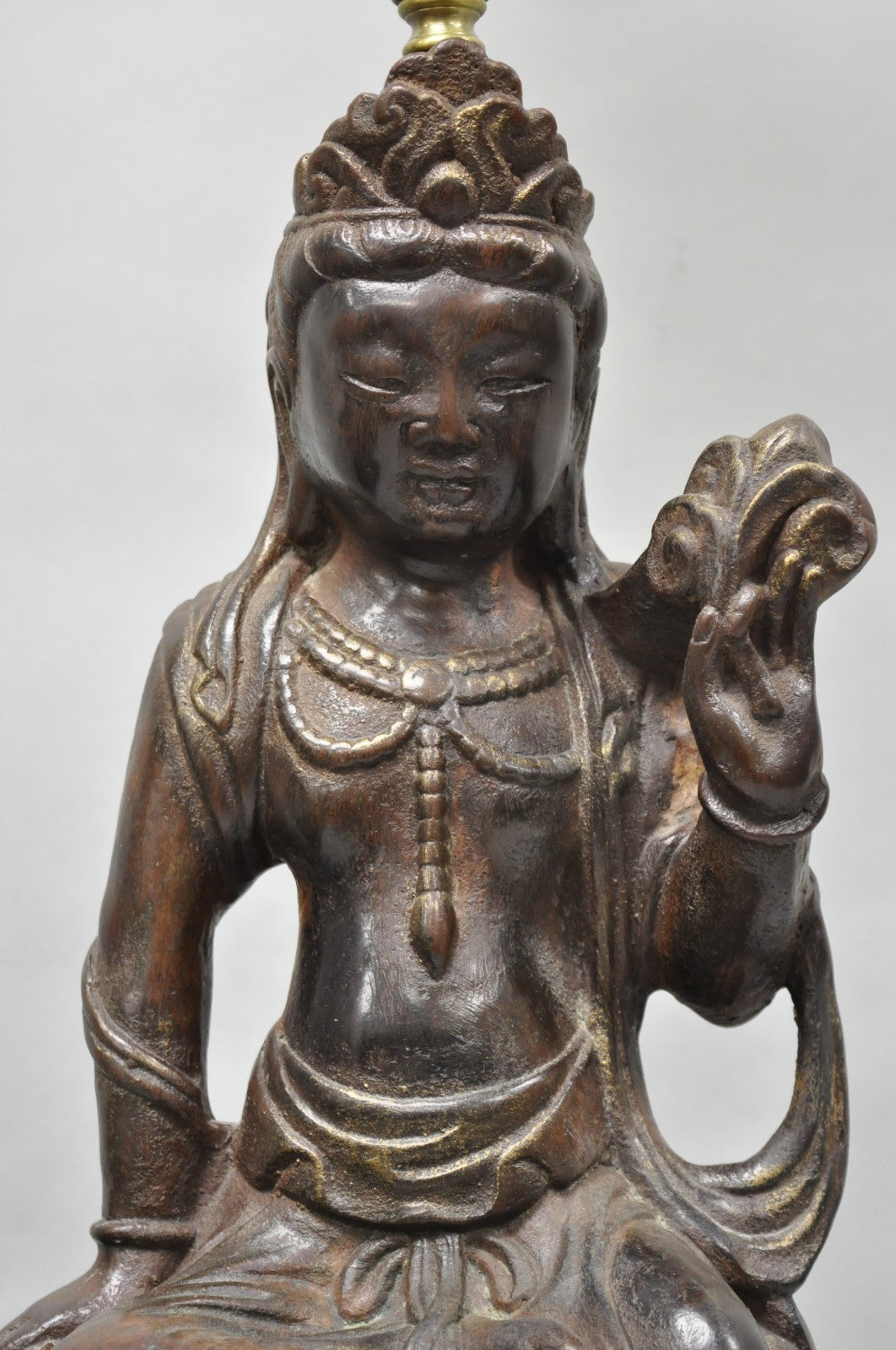 Vintage Buddhist Kuan Yin Brown Ceramic Sculpture Figure Table Lamp w/ Shade