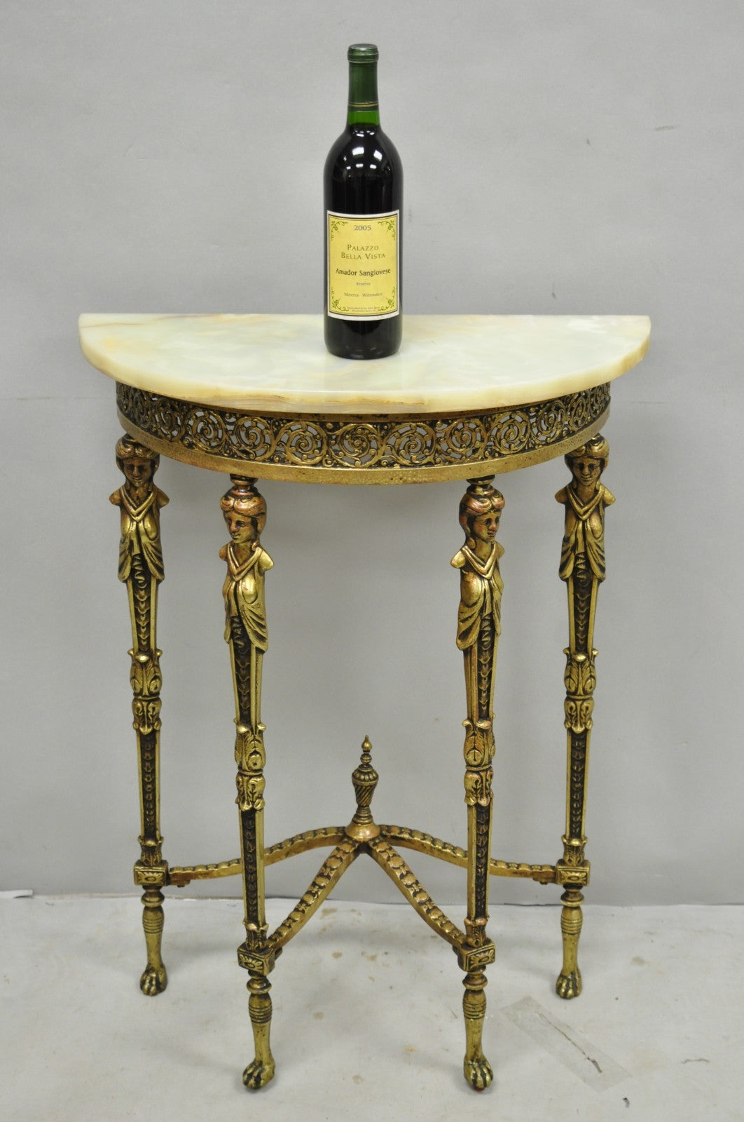 Antique Gothic Revival Oscar Bach Style Figural Bronze & Onyx Console Side Table