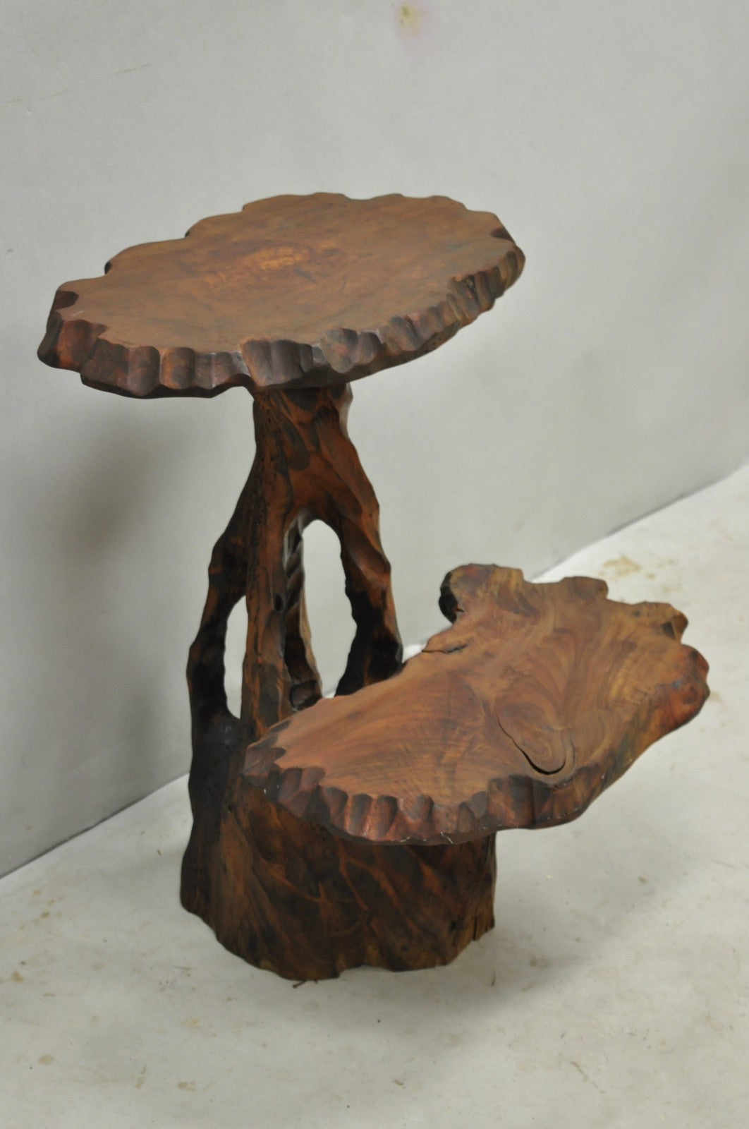 Vintage Mid Century Modern Live Edge 2 Tier Walnut Plant Stand Side Table