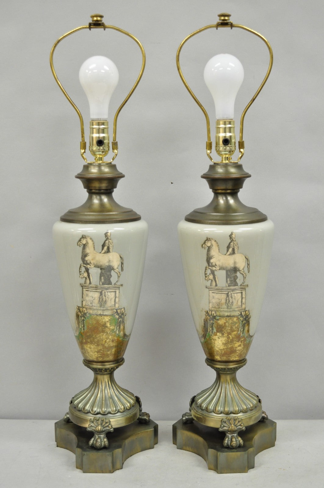 Vintage Roman Classical Style Gray Porcelain Urn Neoclassical Table Lamp - Pair