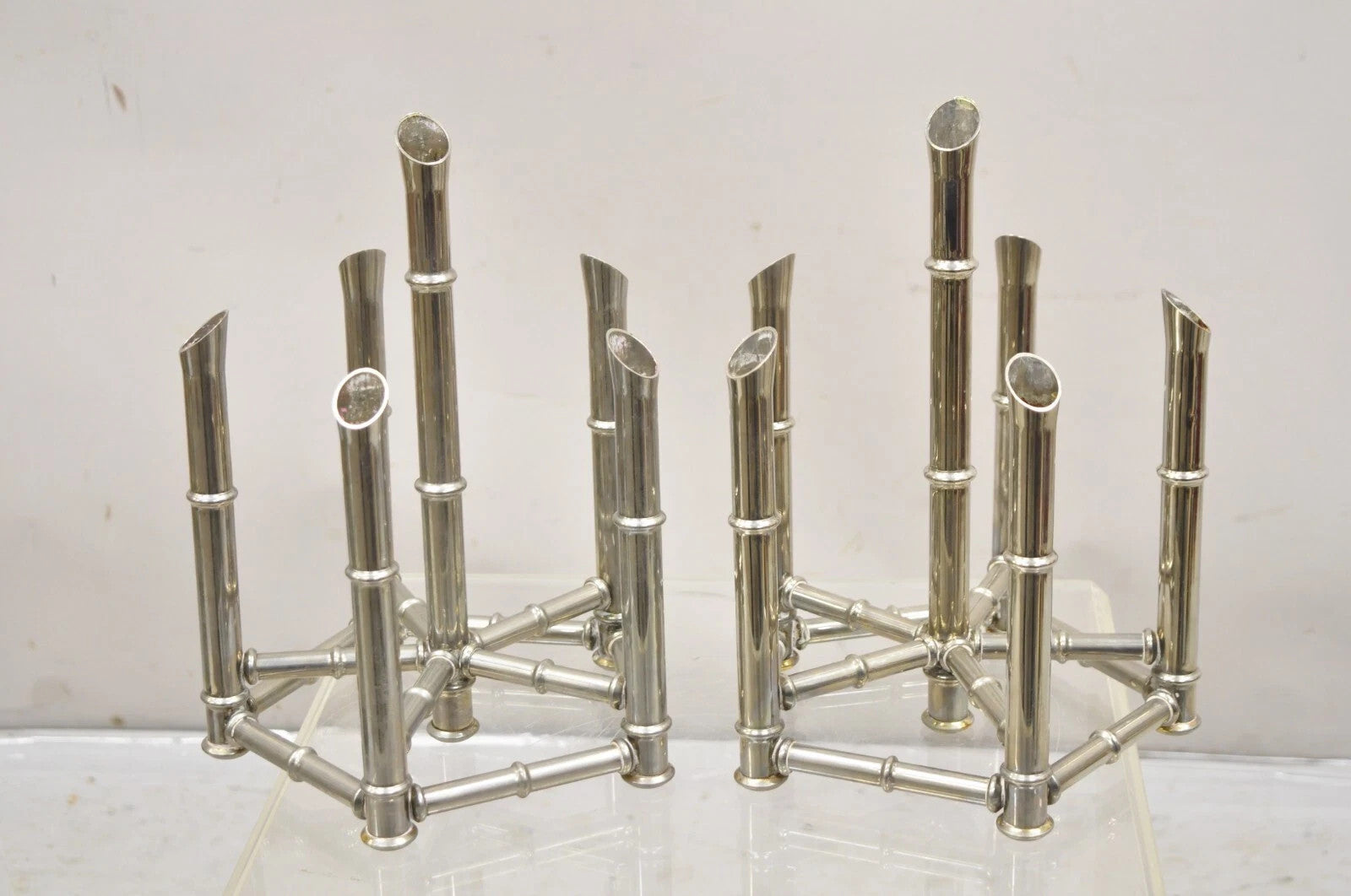 Vintage Hollywood Regency Silver Plated Chrome Faux Bamboo Candlesticks - a Pair