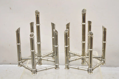 Vintage Hollywood Regency Silver Plated Chrome Faux Bamboo Candlesticks - a Pair