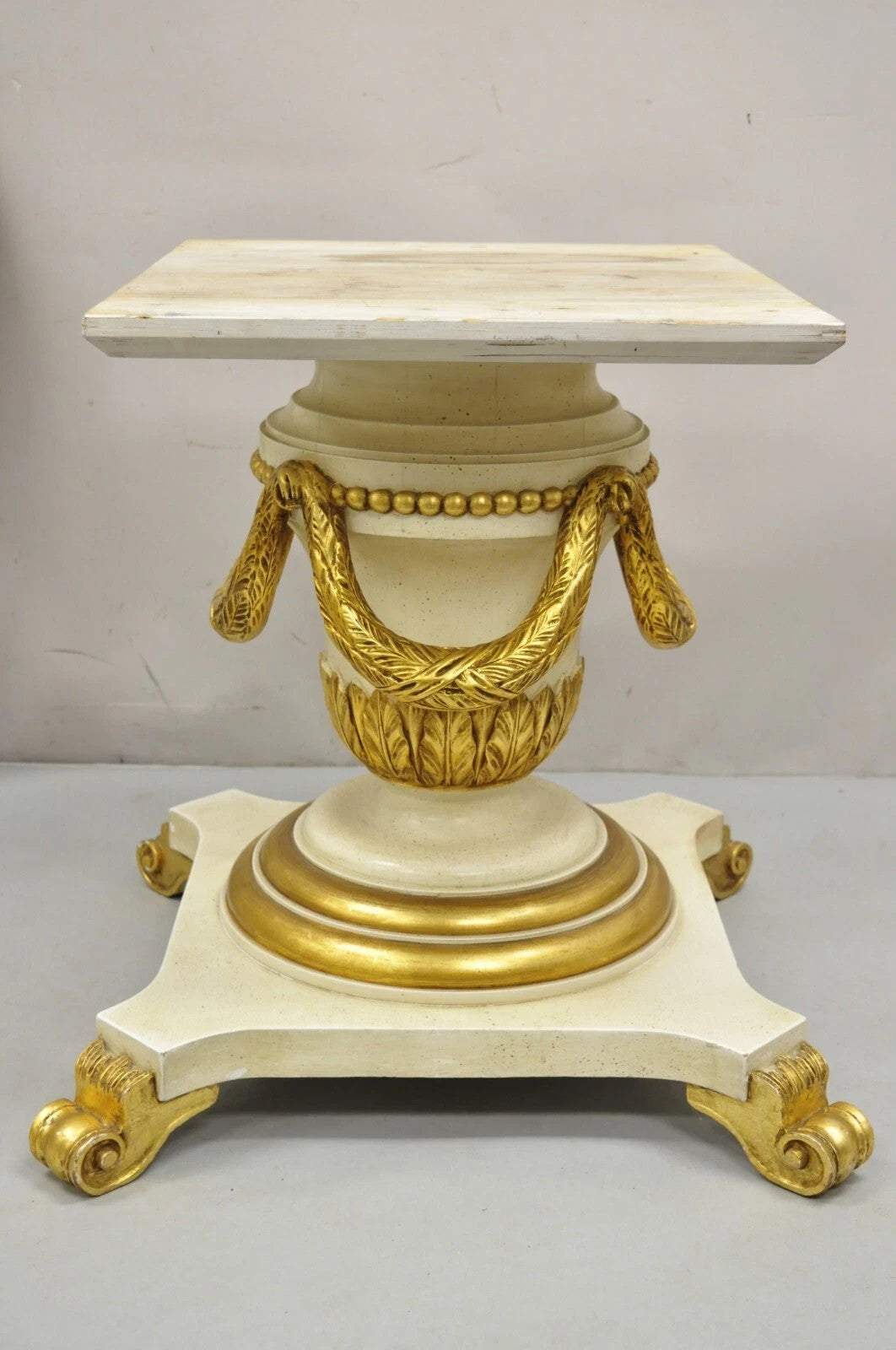 Italian Regency Cream & Gold Gilt Lacquered Urn Pedestal Dining Table - 3 Leaves