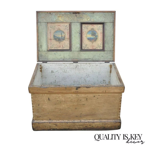 Antique 19th C French Hand Painted Distressed Wood Blanket Chest Dovetail Trunk