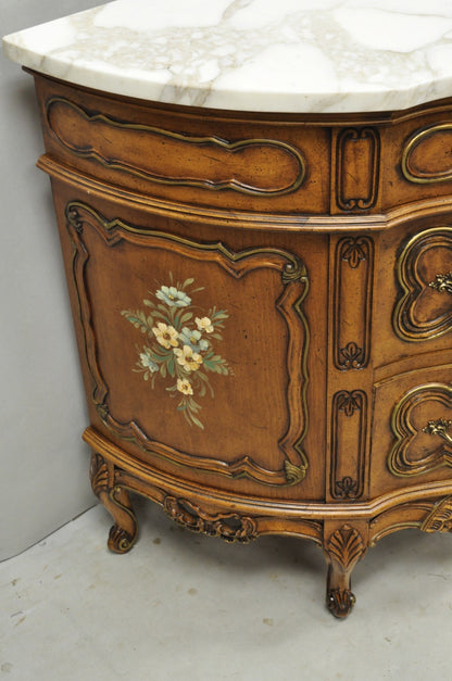 Vintage French Louis XV Style Bombe Demilune Marble Top Floral Painted Commode