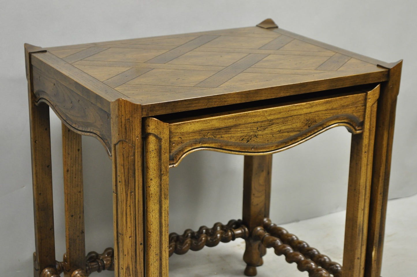 Vintage Baker Barley Twist Oak Parquetry Inlay Nesting Step Lamp Side Tables