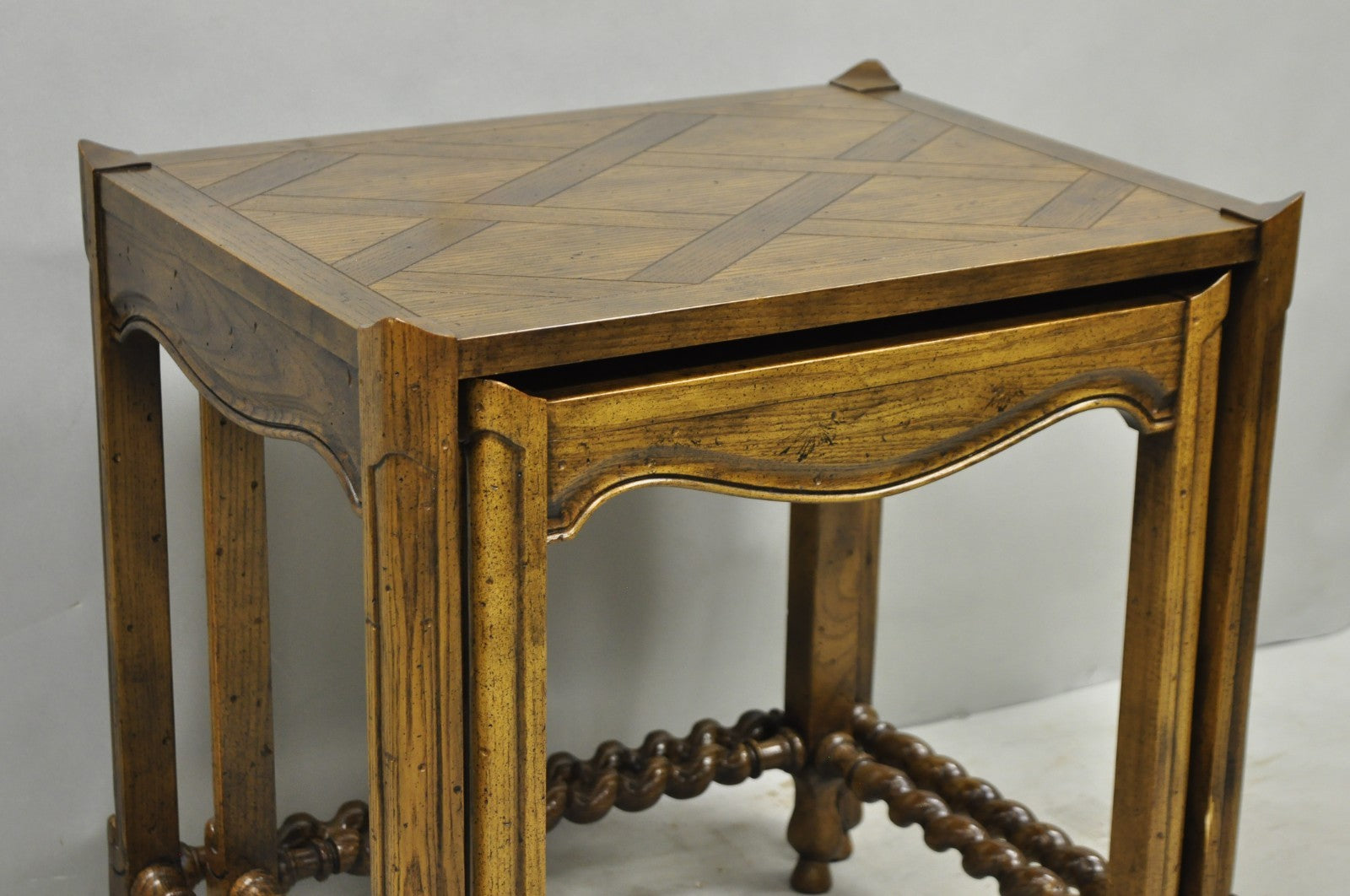 Vintage Baker Barley Twist Oak Parquetry Inlay Nesting Step Lamp Side Tables