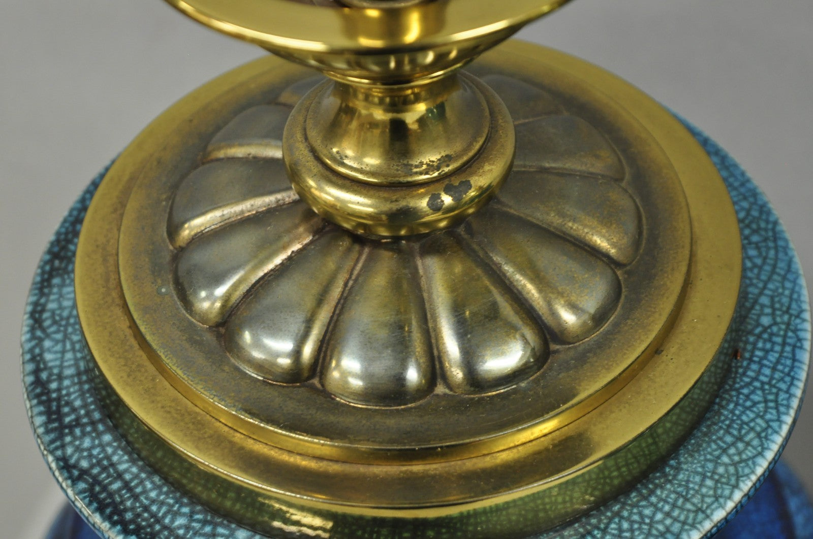 Stiffel Mid Century Modern Blue Crackle Glazed Ceramic Brass Table Lamps