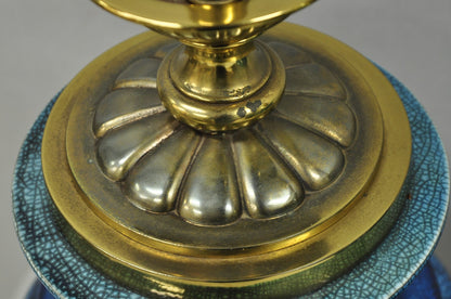 Stiffel Mid Century Modern Blue Crackle Glazed Ceramic Brass Table Lamps