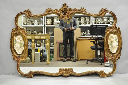 Vintage French Rococo Large Gold Wall Mirror with Bisque Figural Lovers Plaques