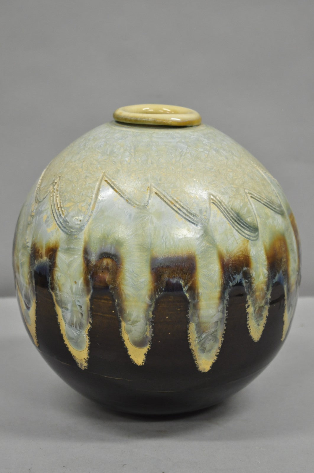Vintage Mid Century Modern Brown Drip Glazed Bulbous Japanese Studio Vase Signed
