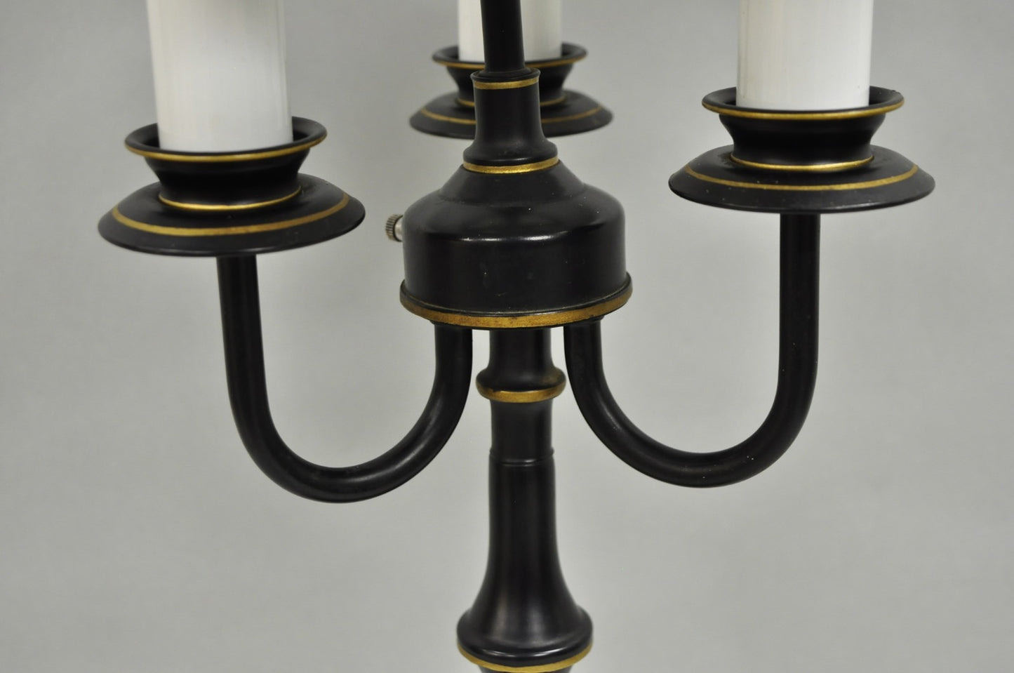 Vintage French Country Black Tole Metal Three Arm Candelabra Table Lamp w/ Shade