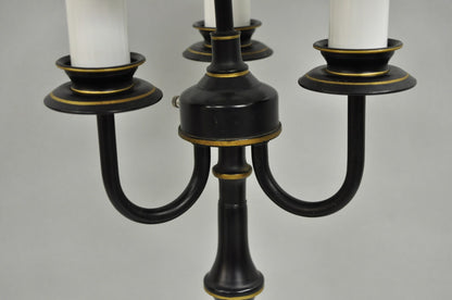 Vintage French Country Black Tole Metal Three Arm Candelabra Table Lamp w/ Shade
