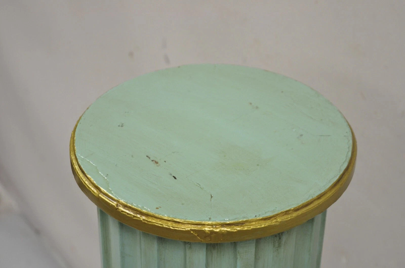 Antique French Empire Neoclassical Green & Gold Painted Wooden Column Pedestal
