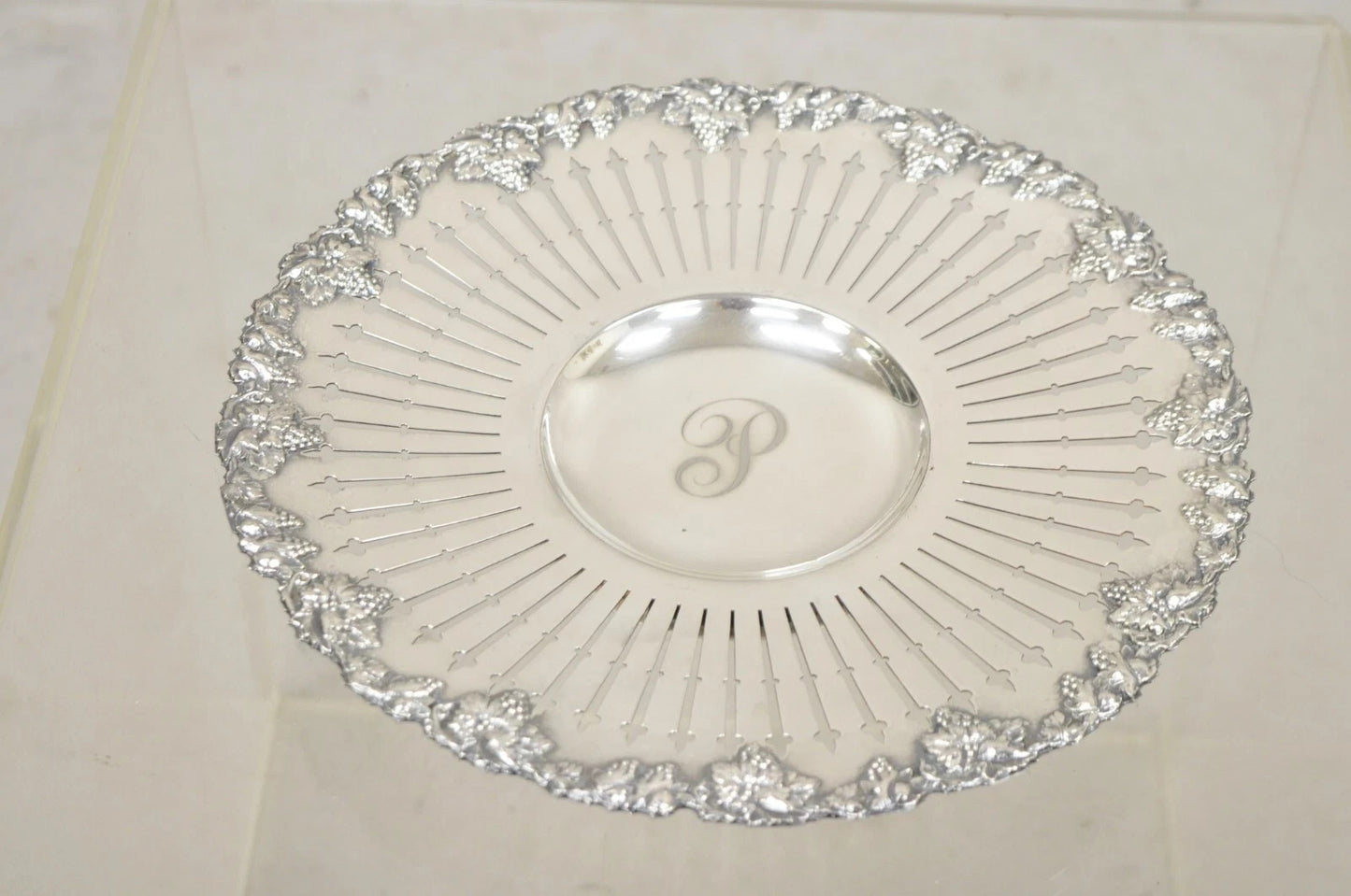 English Edwardian Grapevine Repousse Silver Plated "P" Round Serving Platter