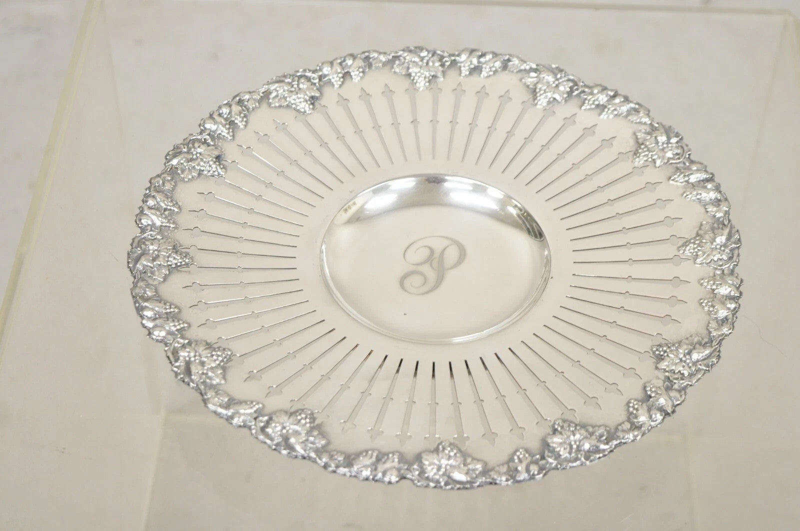 English Edwardian Grapevine Repousse Silver Plated "P" Round Serving Platter