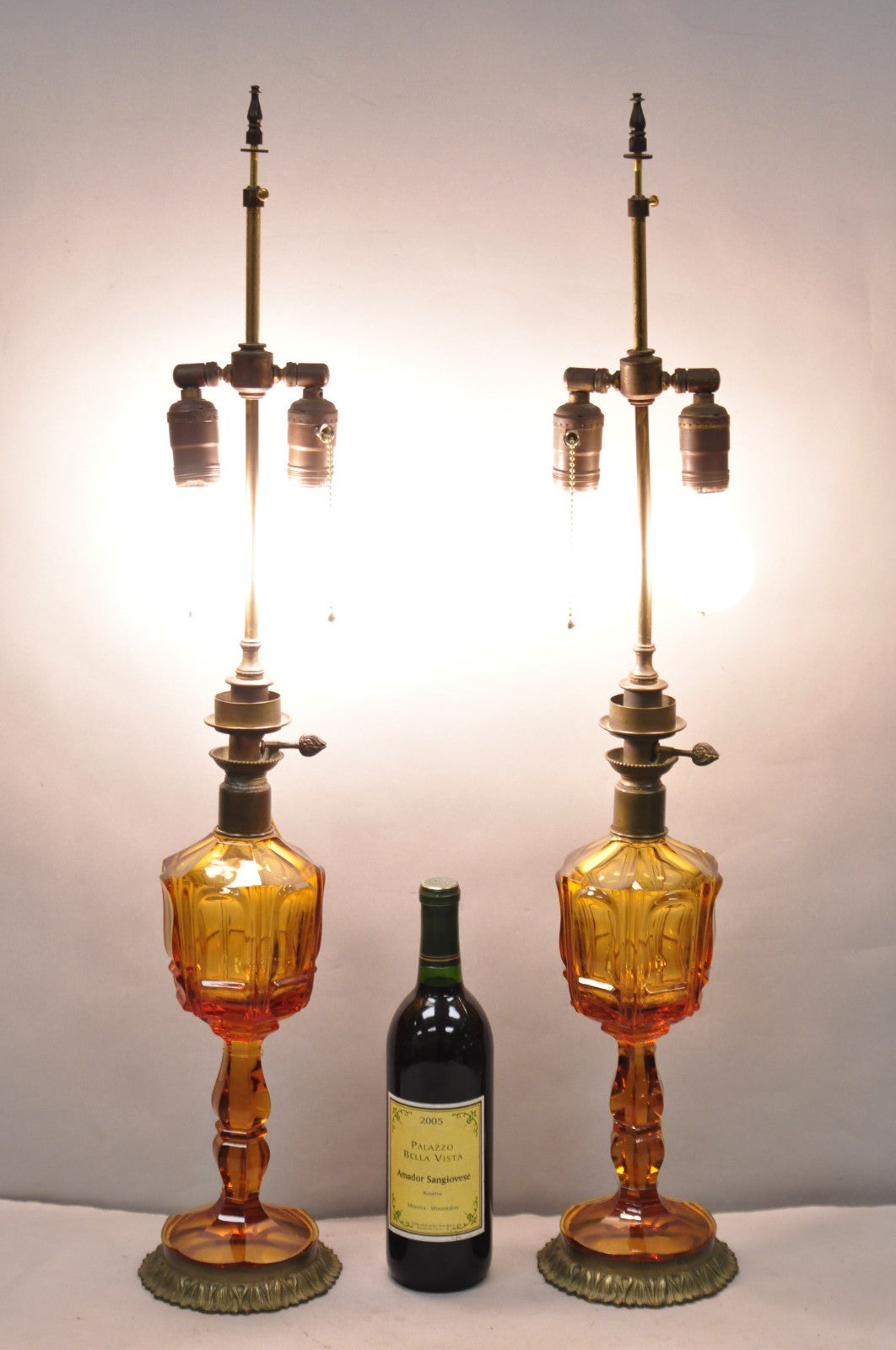Antique French Victorian Amber Glass & Bronze Converted Oil Lamp Table Lamp Pair