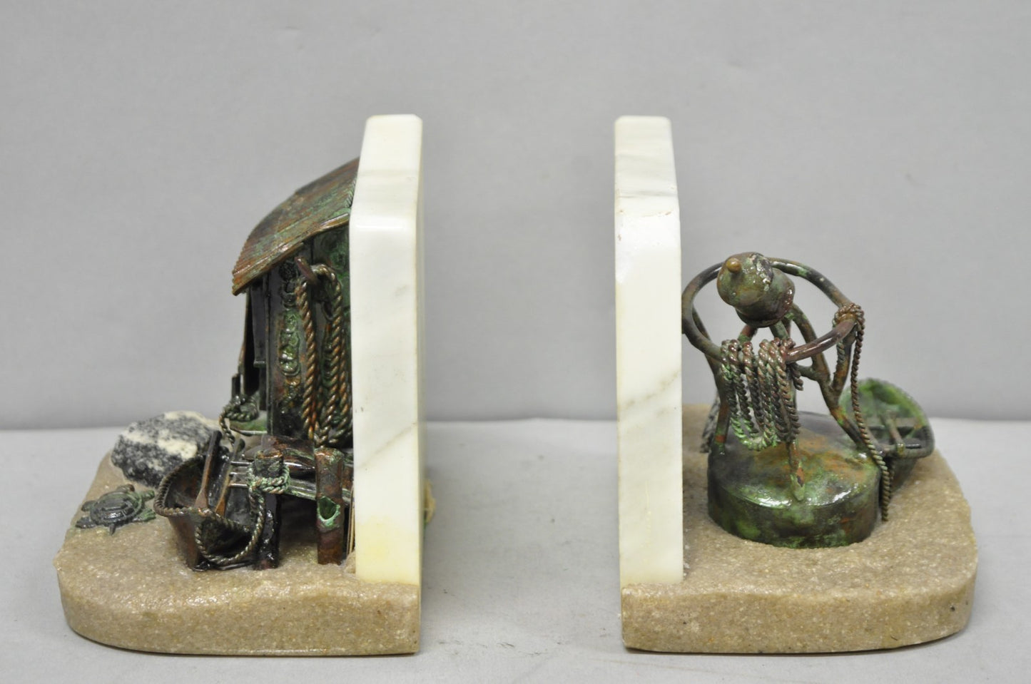 Curtis Clawson Mid Century Modern Brutalist Nautical Bronze & Marble Bookends