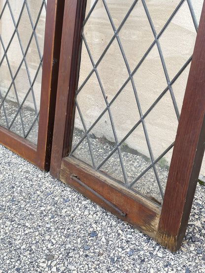 Antique Arts & Crafts Diamond Lattice Leaded Glass Windows in Frame - Set of 4