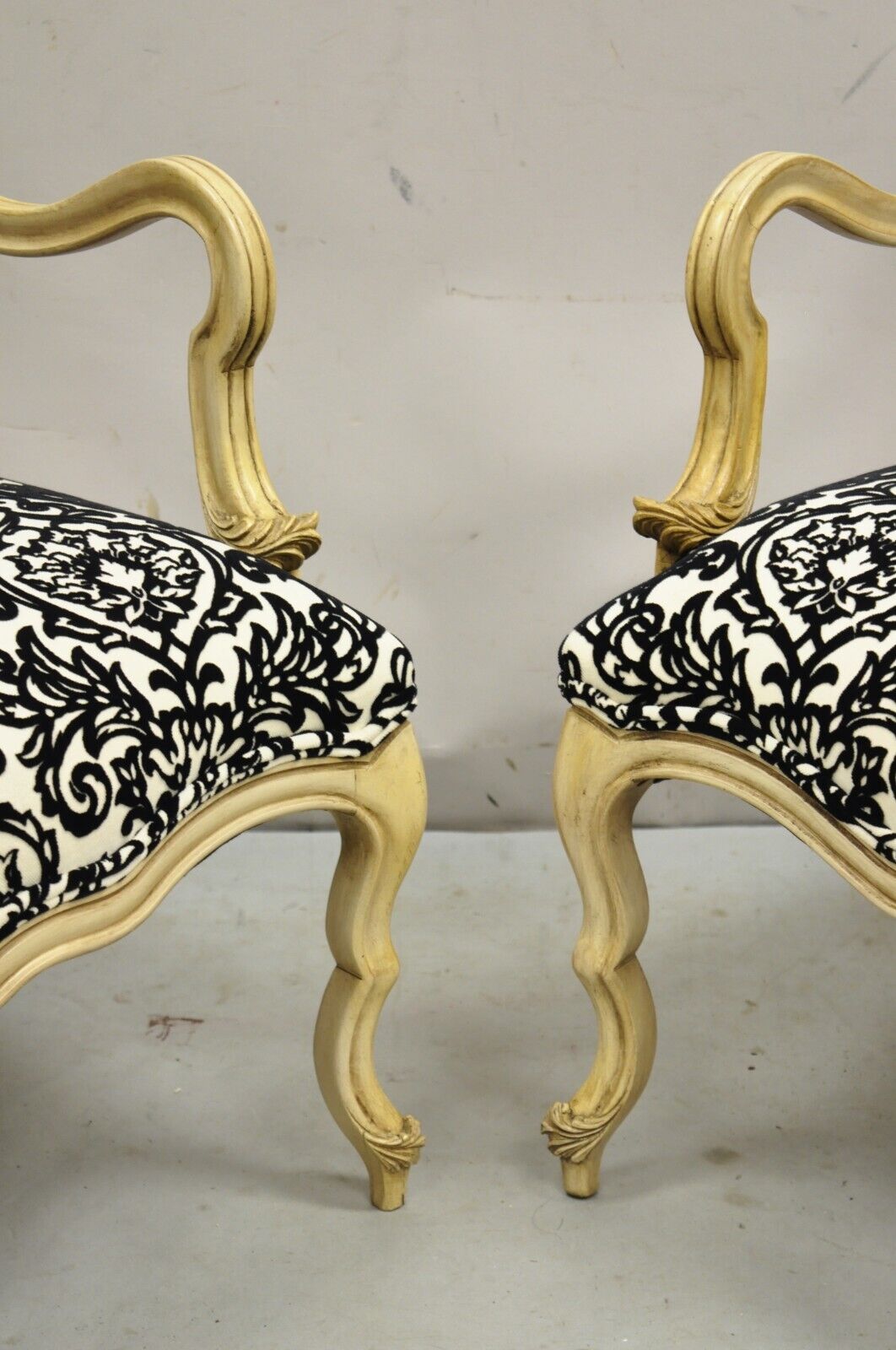 Hollywood Regency Carved Wood Low Cream Painted Damask Boudoir Chairs - a Pair
