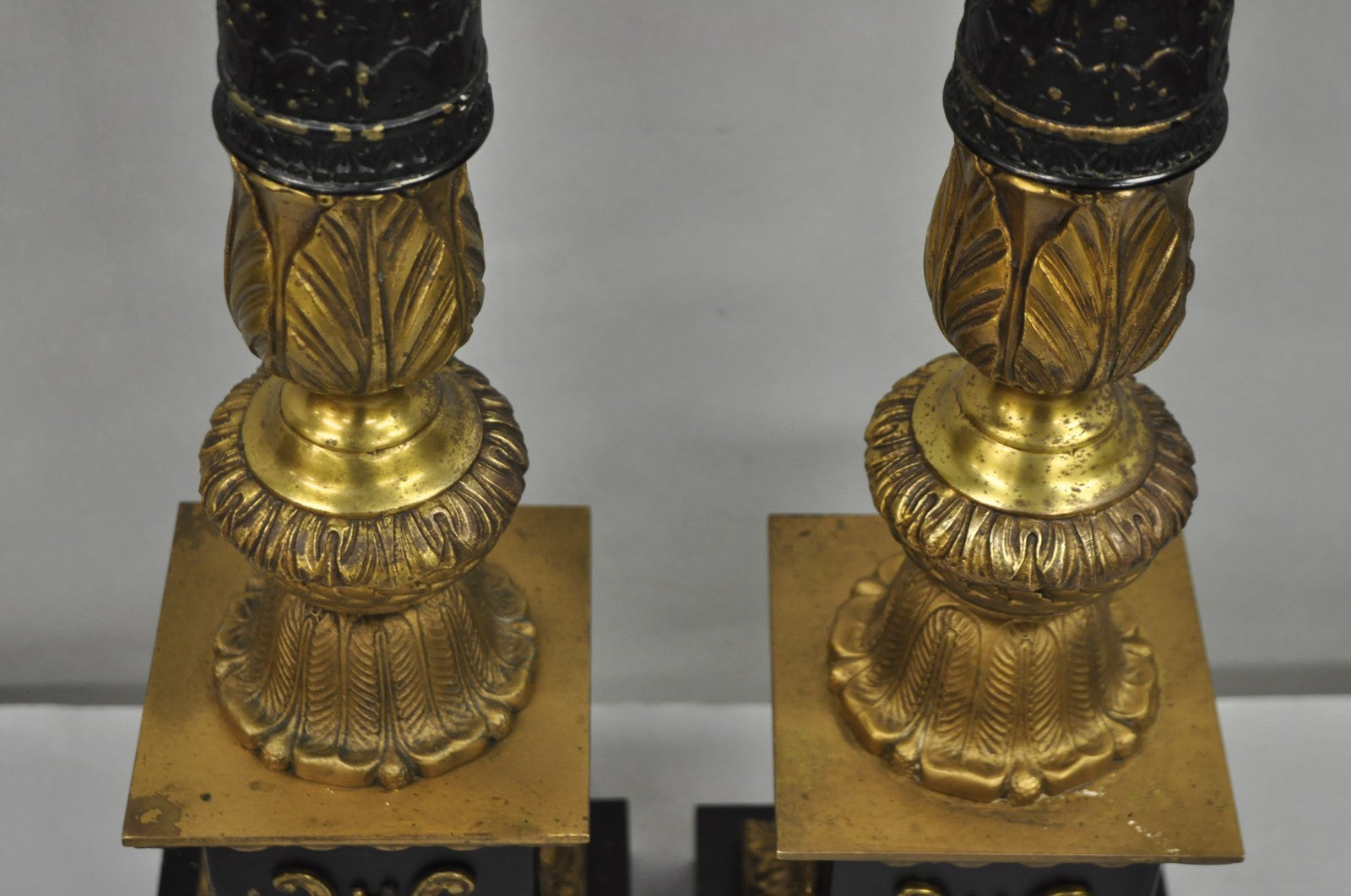 Antique French Empire Style Figural Black & Gold Tall Column Table Lamps - Pair