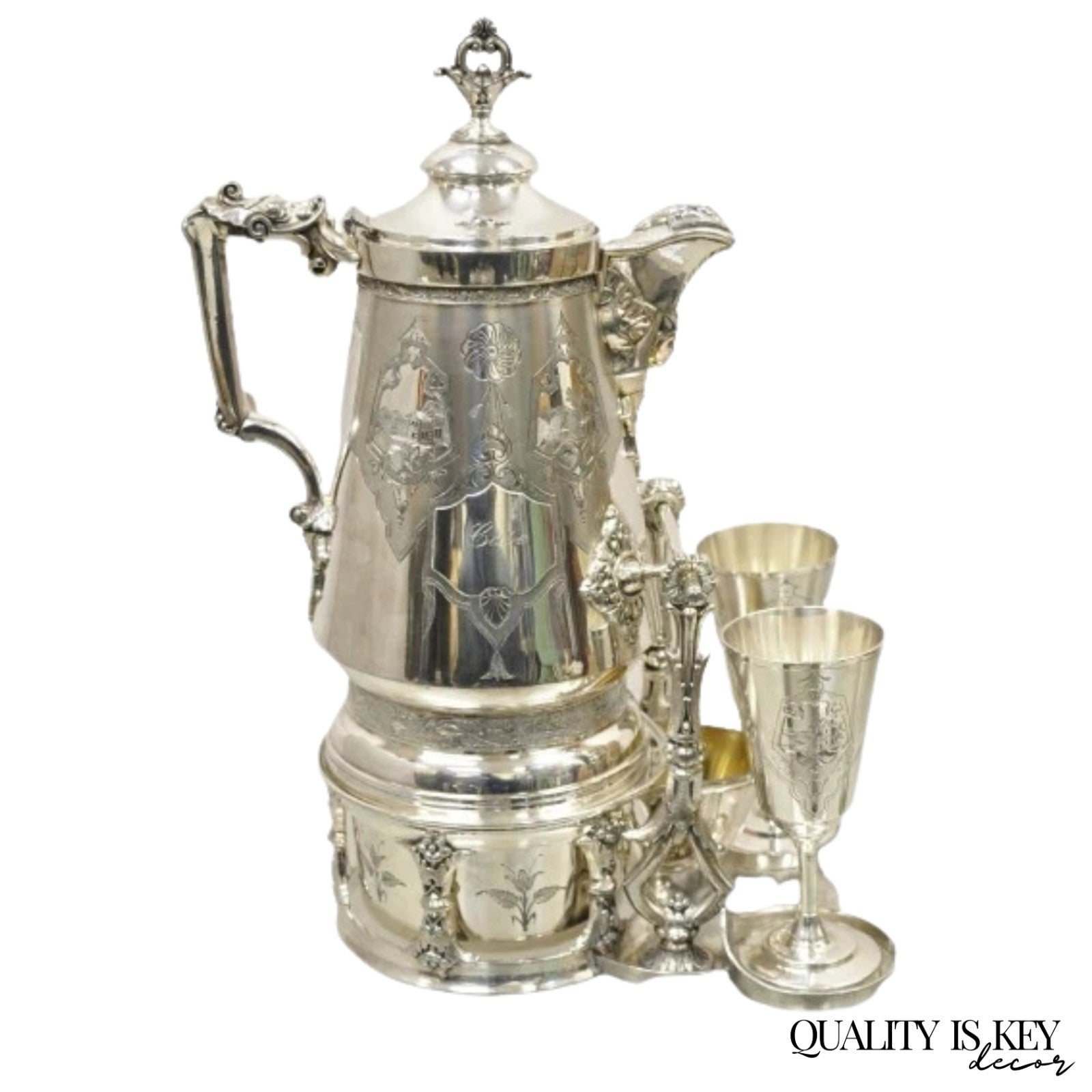 Victorian Racine Silver Plated Tilting Lemonade Water Pitcher on Stand w Goblets