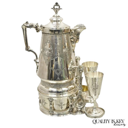 Victorian Racine Silver Plated Tilting Lemonade Water Pitcher on Stand w Goblets