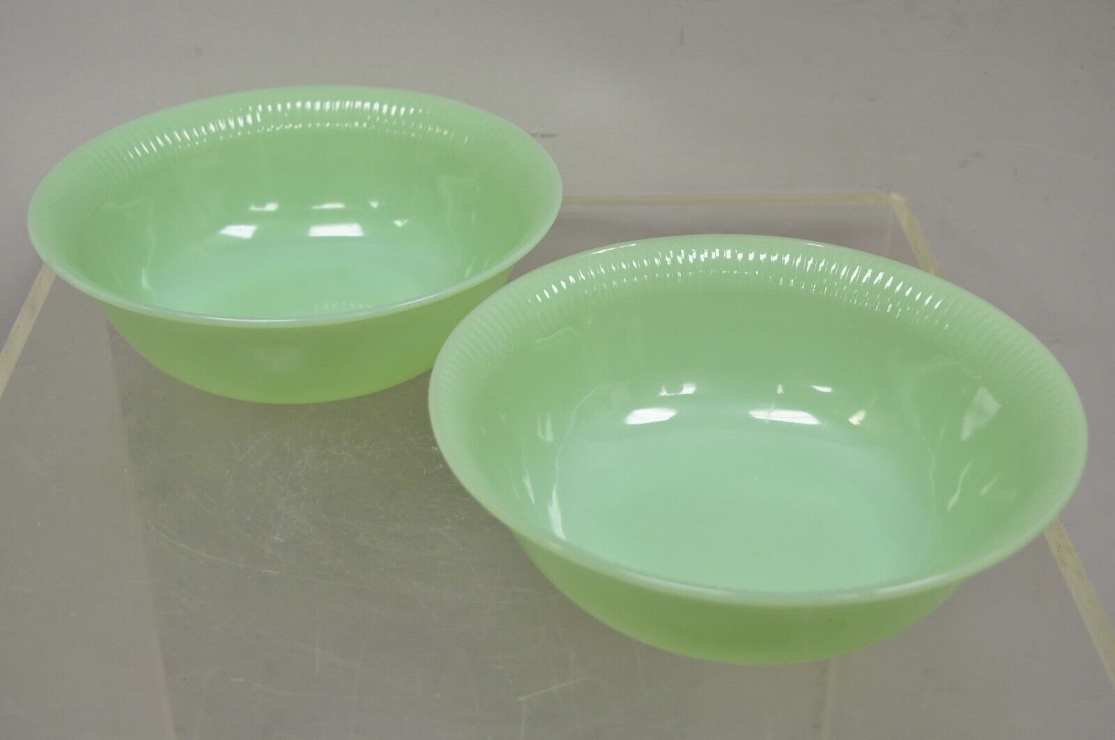 Vtg Fire King Oven Ware Green Jadeite Ribbed Jane Ray 8.25" Serving Bowl - 2 Pcs