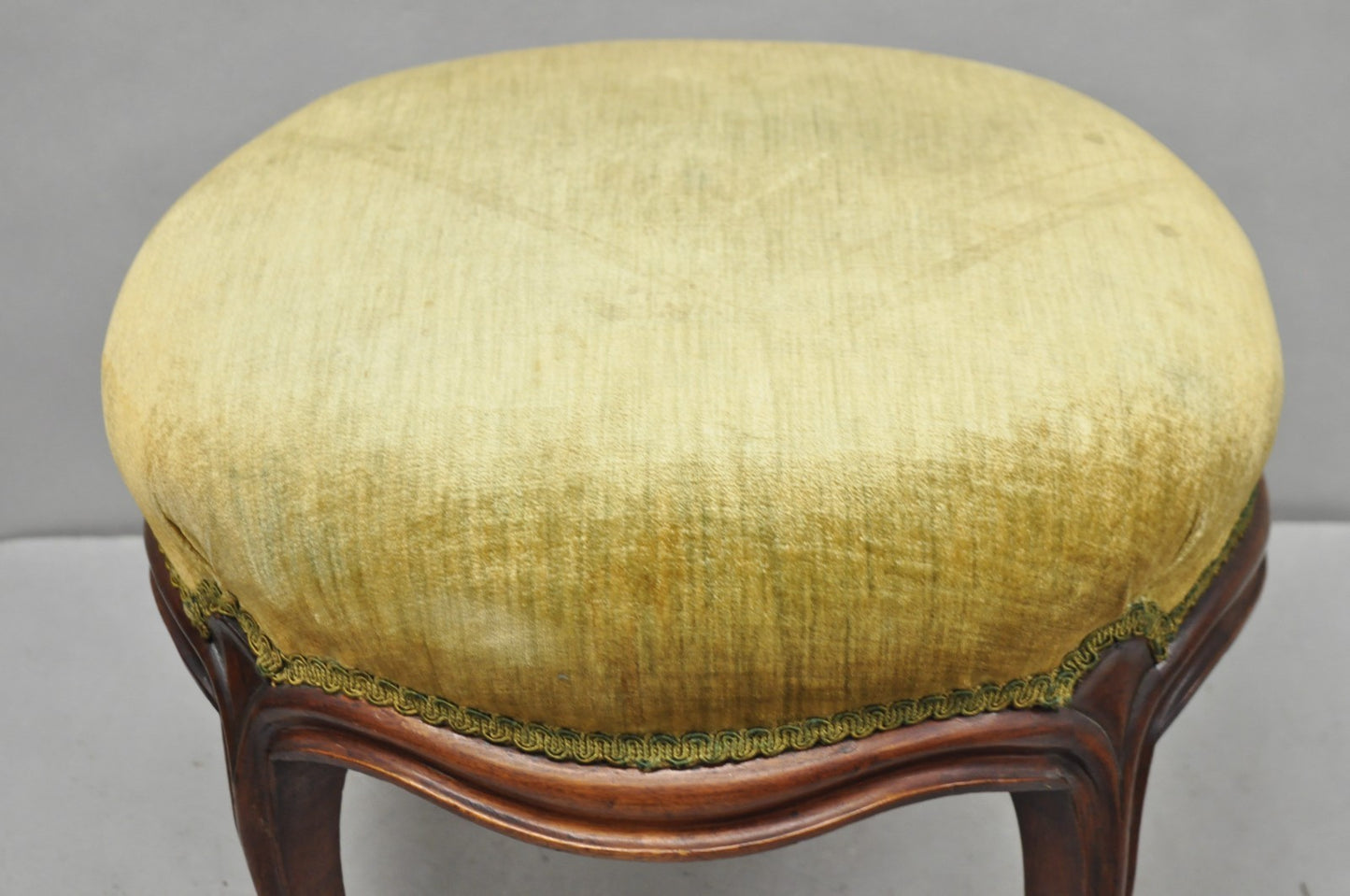 Antique Victorian Carved Mahogany Green Mohair Fabric Round Footstool Ottoman
