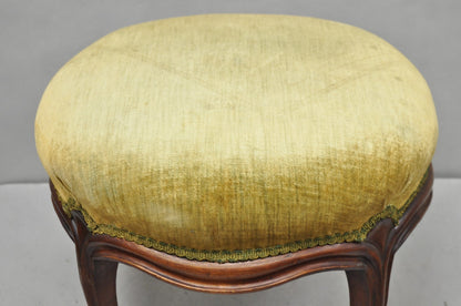 Antique Victorian Carved Mahogany Green Mohair Fabric Round Footstool Ottoman