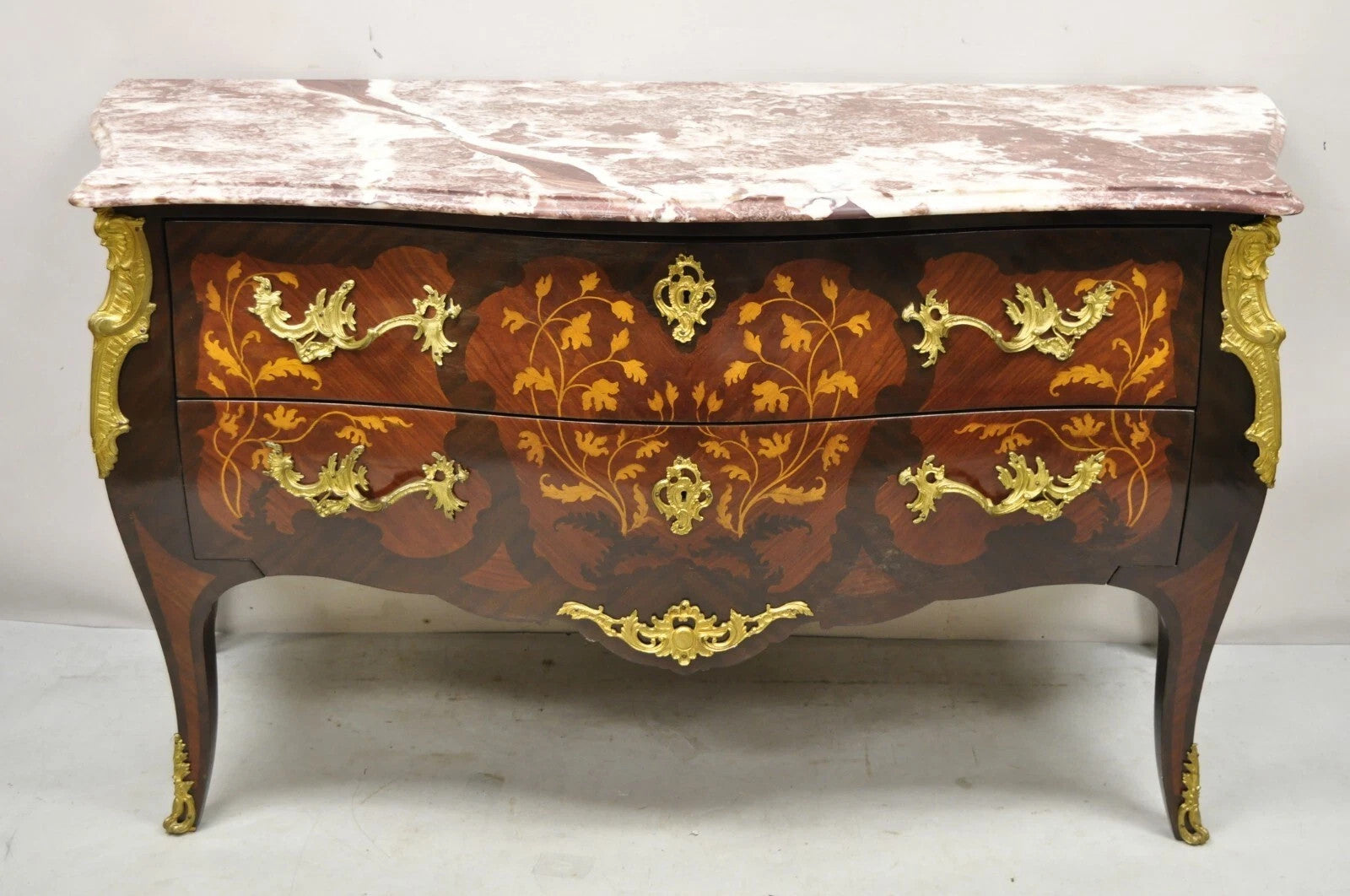 French Louis XV Style Marble Top Marquetry Inlay & Bronze Bombe Commode Dresser
