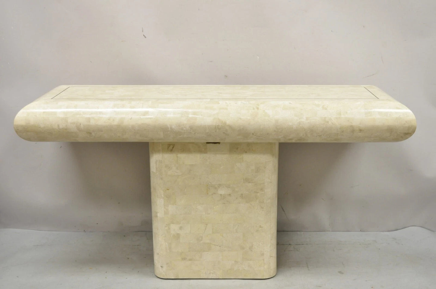 Vintage Maitland Smith Tessellated Stone Inlay Modern Pedestal Console Table