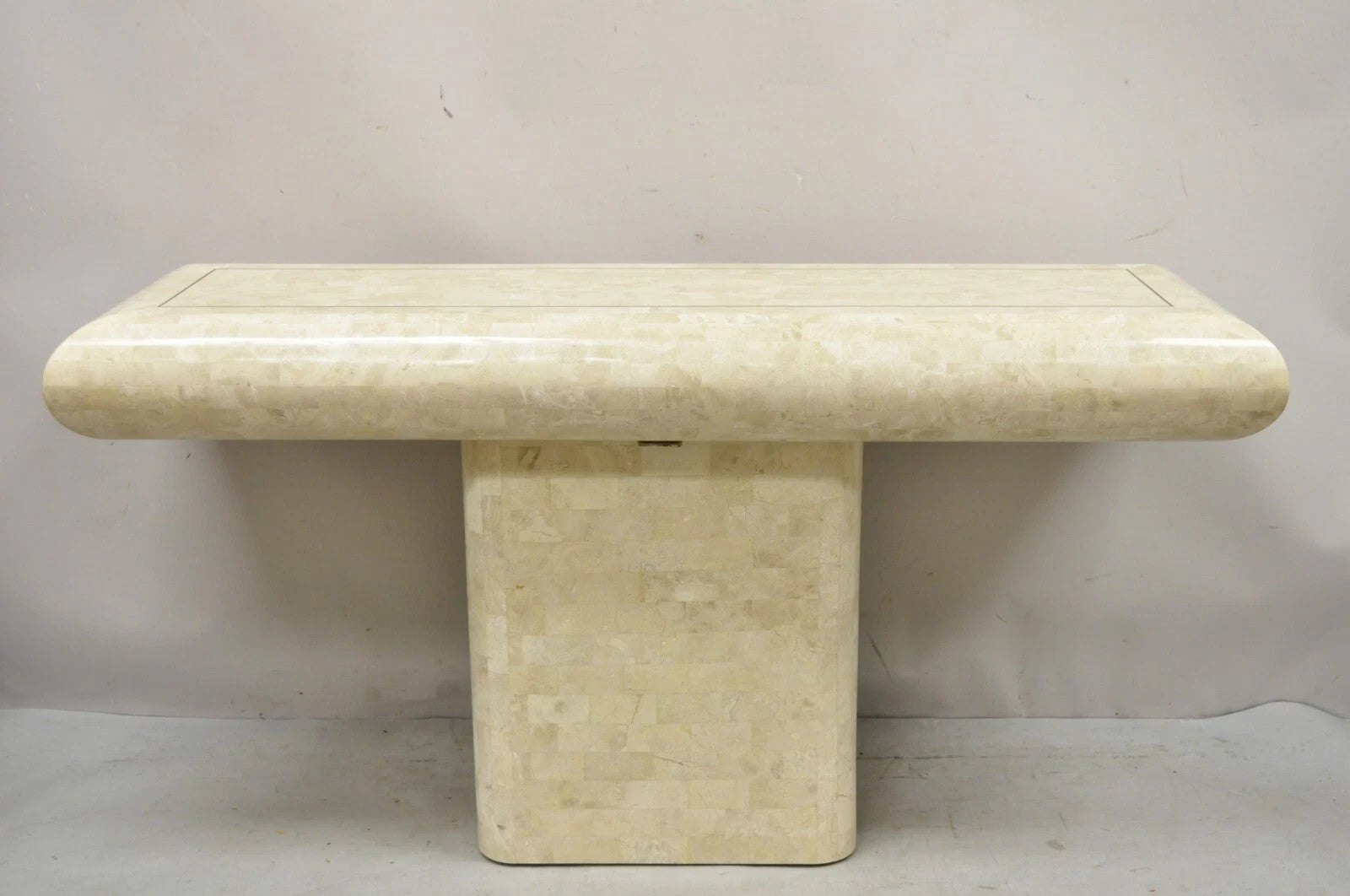 Vintage Maitland Smith Tessellated Stone Inlay Modern Pedestal Console Table