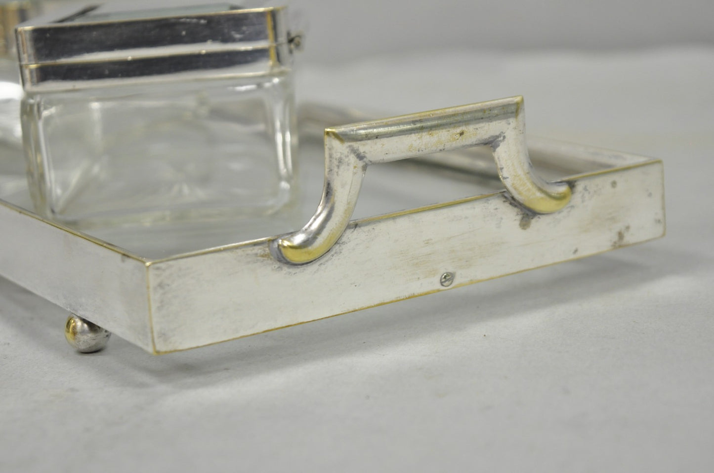 Art Deco Austrian Silver Plated Cut Glass Casket Trinket Box Set w/ Tray - 3 Pcs