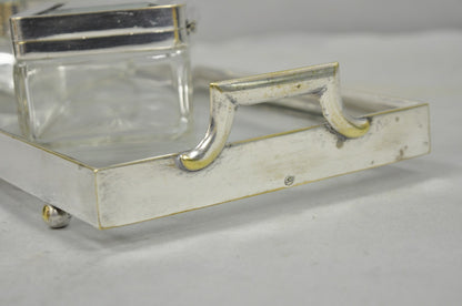 Art Deco Austrian Silver Plated Cut Glass Casket Trinket Box Set w/ Tray - 3 Pcs