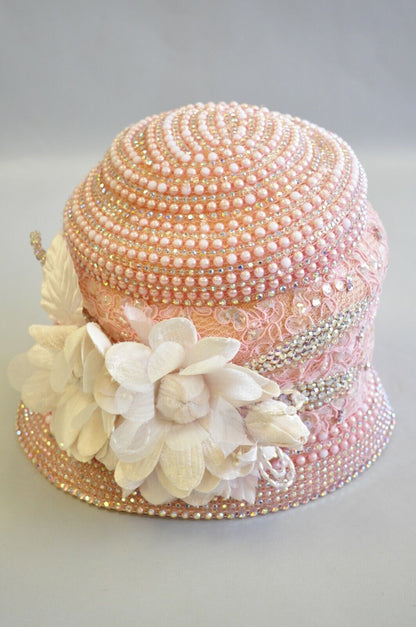 Shellie McDowell Pink Lace Iridescent Pearl Rhinestones Church Derby Crown Hat